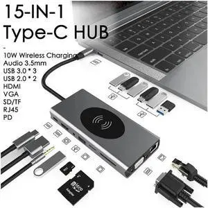 JAENFONG USB C Docking Station Adapter, 15 in 1 Dual Display Multiport Dongle, Type C Hub with Wireless Charging,VGA,Gigablit, HDMI, 87W PD, 5 USB,3.5mm Audio and SD/TF Card Reader for HP/Dell JAENFONG USB C Docking Station Adapter, 15 in 1 Dual Display Multiport Dongle, Type C Hub with Wireless Charging,VGA,Gigablit, HDMI, 87W PD, 5 USB,3.5mm Audio and SD/TF Card Reader for HP/Dell