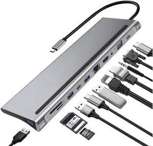 JAENFONG 11-In-1 Multi-Interface Type-C Docking Station USB Hub ,87W USB C charging port, 4K HD port, VGA port, SD card and TF card reader ,3.5 mm audio/microphone jack, USB 3.0 ports,RJ45,HDMI