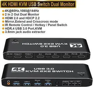 JAENFONG 4K 60Hz KVM Switch HDMI 2 Port 2 Monitor HDMI KVM Switch USB 3.0 PC Computer KVM Switch Keyboard Mouse Switcher Box for Laptop,PS4,Xbox
