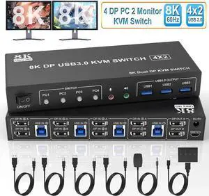 8K@60Hz Displayport USB 3.0 KVM Switch 2 Monitors 4 Computers, DP1.4 KVM Switch Dual Monitor with Audio Microphone Output and 3 USB 3.0 Ports, 4 Port Displayport KVM Switch for 4 PCs 2 Monitors