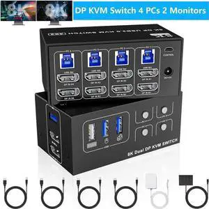 8K@60Hz Displayport USB 3.0 KVM Switch 2 Monitors for 4 Computers 4K@144Hz, DP1.4 Dual Monitor Displayport KVM Switch 4 Port with 4 USB Ports, DP KVM Switch for 4 PCs, Wired Controller Included