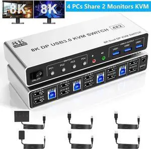 8K@60Hz USB 3.0 Displayport KVM Switch 2 Monitors 4 Computers, 4 Port DP1.4 Dual Monitor Displayport KVM Switch with Audio, Microphone and 3 USB3.0, Dual Monitor Displayport KVM Switch for 4PCs