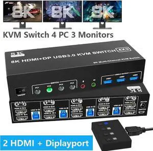 KVM Switch 3 Monitors 4 Computers 8K@60Hz 4K@144Hz, 2 HDMI +1 DisplayPort Triple Monitor USB 3.0 KVM Switch for 4 PC with Audio and 3 USB 3.0 Ports, KVM Triple Monitor Keyboard Mouse Switcher