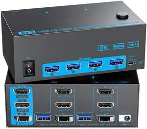 KVM Switch 2 PC 3 Monitors, 2 HDMI + Display Port Triple Monitors KVM Switches 4K@144Hz 8K@60Hz, USB 3.0 KVM Switches for 2 PC Share Mouse, Keyboard 4 USB Devices and 3 Monitors, Wired Remote