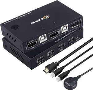 Displayport HDMI KVM Switch, DP+HDMI 2 Port KVM Switch, HDMI and Displayport USB Switch for 2 Computers Share One Set Keyboard Mouse Printer and One Monitor, 4K @30Hz with DP to HDMI Function