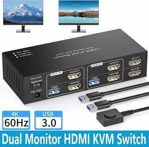 Dual Monitor HDMI KVM Switch 2 Monitors 2 Computers 4K 60Hz USB 3.0 KVM Switcher for 2 PCs Share 1 Set of Keyboard Mouse Printer and Scanner Support Extended & Mirror Mode, with 4 USB 3.0 Ports