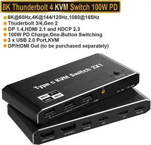 JAENFONG USB C KVM Switch 8K@60Hz 4K@120Hz, 2 Port Type C KVM Switch for 2 Computers Share 1 Monitor, USB C KCM with 3 USB 2.0 Ports & 100W Power Delivery, 2 USB-C Cables Included