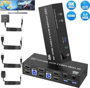 8K@60Hz HDMI Dual Monitor KVM Switch, 2 Port HDMI KVM Switch for 2 Monitors 2 Computers with 3 USB 3.0 Ports, Extended Display Switcher with Audio Microphone, PC Monitor Keyboard Mouse Switch