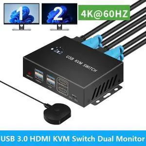 Dual Monitor HDMI KVM Switch 2 Monitors 2 Computers, 4K@60Hz HDMI KVM switches 1 monitors 2 Monitor 2 Computers, USB switcher 2 computers Keyboard Mouse Switch, Button desktop controller switch