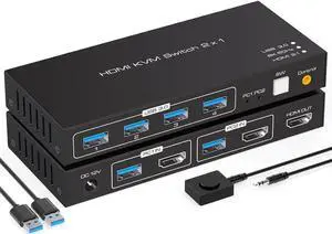 JAENFONG 2 Port HDMI KVM Switch Support 8K60Hz 4K120Hz, USB 3.0 HDMI2.1 KVM Switch for 2 Computers Share 1 Monitor with 4 Port USB 3.0 Hub Includes Desktop Control and 2xUSB Cables