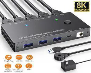 2 Port HDMI KVM Switch 8K@60Hz 4K@120Hz, USB 3.0 HDMI 2.1 KVM Switch for 2 Computers Share 1 Monitor and 3 USB Devices, HDCP 2.3,HDR 10, with Wired Remote,12V Power Adapter and 2 USB 3.0 Cables