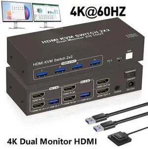 2 Ports HDMI KVM Switch 2 Computers 2 Monitors, 4K@60Hz HDMI USB 3.0 KVM Switcher Dual Monitor HDMI 2 in 2 Out with 4 USB Ports to Share Mouse Keyboard Printer etc. Supports Extended/Copy Mode