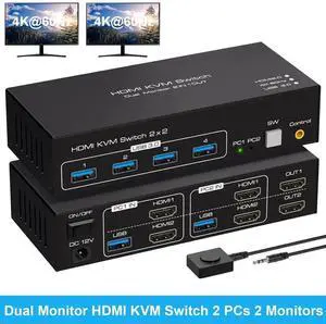 Dual Monitor HDMI KVM Switch, 2 Port HDMI 4K@60Hz KVM Switcher for 2 Computers 2 Monitors with 4 USB 3.0 Ports Support Copy and Extended Display and Desktop Control Including 2 USB 3.0 Cable