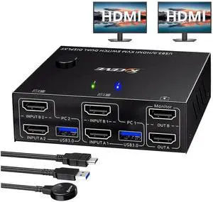 JAENFONG 2 Ports HDMI KVM Switch 2 Monitors 2 Computers, Support EDID Emulator 4K@60Hz USB 3.0 Dual Monitor HDMI KVM Switches for 2 Computers Share 2 Monitors and 4 USB 3.0 Devices, with Wired Remote