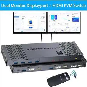 4K@120Hz 2x2 HDMI + Displayport KVM switch 2 Monitors 2 Computers 8K@60Hz, HDMI and Displayport Dual Monitor KVM Switch with 4 USB 3.0 Port for Keyboard Mouse Printer,Support Extended/Copy Mode