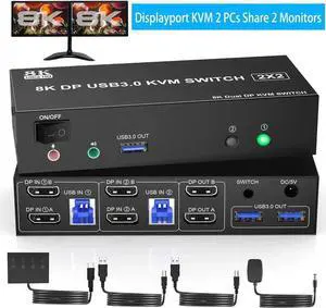 JAENFONG USB 3.0 Displayport KVM Switch 8K@60Hz 2 Monitors 2 Computers, Dual Monitor DP 1.4 KVM Switch with Audio and Microphone Output and 3 USB 3.0 Ports, Wired Remote and 2 USB Cables Included