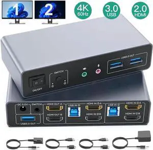 HDMI KVM Switch 2 Monitors 2 Computers, Dual Monitor KVM USB Switcher 4K@60Hz, HDMI Extended/Mirror Display for 2 PC Share 2 Monitors, with 3 USB 3.0 Port, Desktop Controller and 2 USB Cables
