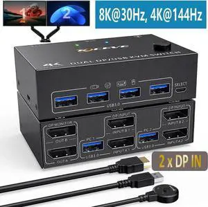 JAENFONG Dual Monitor Displayport KVM Switch for 2 Computers 2 Monitors 8K@30Hz 4K@144Hz, Display Port DP1.4 USB 3.0 KVM Switches 2 in 2 Out with 4 USB 3.0 Ports , Wired Remote and 4 Cables Included