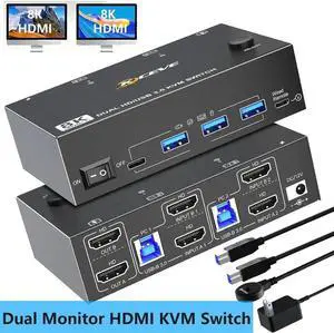 KVM Switch 2 Monitors 2 Computers, Dual Monitor KVM Switches HDMI Support 8K@60Hz 4K@120Hz, for 2 Pcs and 4 USB 3.0 Devices,Support Extended and Copy Mode, with Wired Remote and Power adapter