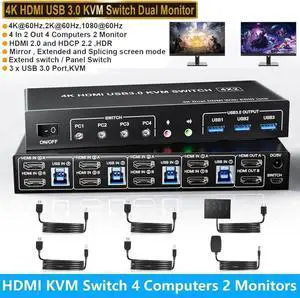 USB 3.0 Dual Monitors HDMI KVM Switch 4 Computers, Supports EDID, 4K@60Hz HDMI Dual Monitor Switch for 4 PCs with 3 USB 3.0 and Audio Microphone Ports, 4 Port HDMI KVM Switch for 4PC 2 Monitors