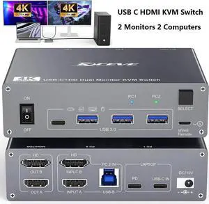 USB C KVM Switch 4K@60Hz, USB C HDMI Dual Monitor KVM Switch for 1 PC and 1 Laptop Sharing 2 Monitor and 4 USB3.0 Devices, 100W PD for Laptop with Wired Remote Control and USB Cables Included
