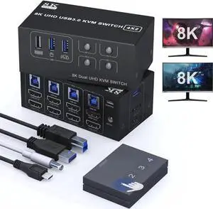 Dual Monitor HDMI KVM Switch 2 Monitors 4 Computers Support 8K@60Hz 4K@120Hz, 4 in 2 Out HDMI KVM Switcher PC Extended Display, HDMI Monitor Switch for 4 PCs Share 2 Monitors 4 USB Devices