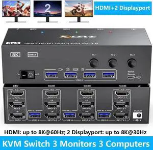 KVM Switch 3 Monitors 3 Computers, Dual/Triple Monitor HDMI + 2 Displayport KVM Switches Support 8K@60Hz/30Hz,2K@144Hz, USB 3.0 Computer Switch for 3 PCs Share 3 Monitors, Support Extended Mode