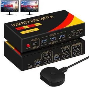Dual Monitor HDMI + Displayport Switch 2 Monitors 2 Computers, DP HDMI KVM Switch 8K@60Hz for 2 computers share 2 monitors and 3 USB-A and 1 USB-C Devices, with Desktop Controller & USB Cables