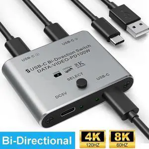 JAENFONG 8K USB C Switch, Bi-Directional USB-C KVM Switcher, Supports 8K@60Hz/4K@144Hz Video, 100W Power Delivery and 10Gbps Data Transfer with Power Cable, Compatible with Windows Mac OS, Linux