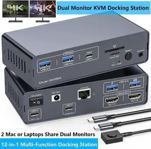 USB C Docking Station with KVM Switch 2 Monitors 2 Computers 4K@60Hz, HDMI EDID KVM Switches Dual Monitor for 2 Mac or Laptops Share a 1G Ethernet & 5 USB A/C Devices and SD/MicroSD Card Slots