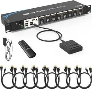 8 Port Real Seamless Switching HDMI KVM Switch 8 Computers 4K@30Hz 1U Rack Mount, 8 in 2 Out HDMI KVM Switch with 3.5mm Audio Extractor, Desktop Controller, Hotkey, Mouse, RS232 Code Switching