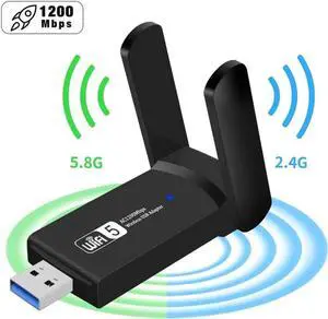 WiFi Adapter 1200Mbps, USB Wireless Network Adapter Dual Band 5GHz & 2.4GHz with High Gain Antennas WiFi Dongle for PC/Desktop, Compatible with Windows XP,10,8.1,7,Vista and Mac OS 10.9~10.15