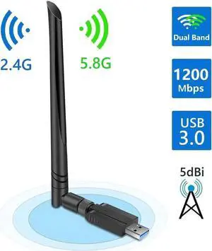 JAENFONG USB WiFi Adapter 1200Mbps, USB 3.0 Wireless Network Adapter, 802.11ac WiFi Dongle with Dual Band 2.4GHz 5.8GHz, 5dBi Antenna, Supports Windows 10 8 7 Vista XP, Mac10.6-10.13, Linux