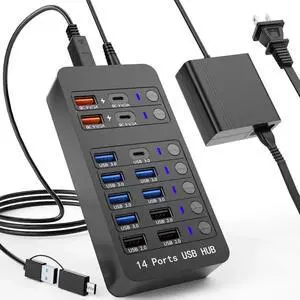 JAENFONG Powered USB 3.0 Hub, 14 Ports USB Splitter Hub (10 Faster Data Transfer Ports + 4 Smart USB Charging Port) USB Hub with LED Individual On/Off Switches for PC, Laptop, Desktop