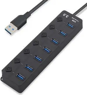 JAENFONG USB Hub 3.0, 7-Port USB Data Hub Splitter with One Smart Charging Port Individual On/Off Switches and Power LED, USB Extension for MacBook, Mac Pro/Mini and More JAENFONG USB Hub 3.0, 7-Port USB Data Hub Splitter with One Smart Charging Port Individual On/Off Switches and Power LED, USB Extension for MacBook, Mac Pro/Mini and More