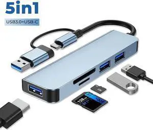 JAENFONG [5 in 1] USB & Type C Hub, Multiple USB Hub 3.0 & TF/SD Card Reader, USB Splitter 5 Ports USB Extender Compatible with Mac-Book/Pad Pro/Dell/HP Laptop/Phones