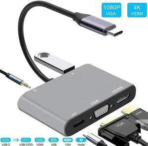 JAENFONG 5 In 1 Type C Adapter Hunderbolt to HDMI VGA USB 3.0 and 3.5mm Jack Audio PD Charging for MacBook Pro Laptop Phone