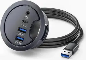 JAENFONG Desk Grommet USB 3.0 Hub with 2x Type-A (USB 3.0), 1x Type-C Port, 1x 3.5mm Audio Jack, 4.9Ft Long Cord for Diameter 60mm Hole, Desktop Cable Organizer, Home Office PC Accessories