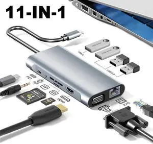 JAENFONG 11-in-1 Multiport Laptop Docking Station with Dual Monitor Support, USB-C to HDMI Adapter,VGA, Gigabit, 100W PD, USB 3.0 Hub, SD/TF Card Reader, Audio- Compatible with MacBook, Type-C Devices