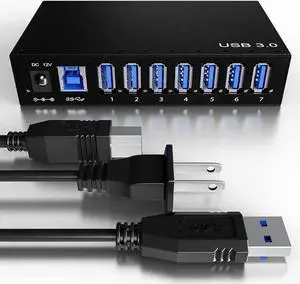 JAENFONG 7 Ports USB Hub 3.0 Powered USB Hub Spllitter - High-Speed Data Transfer - Aluminium Alloy, with Power Adapter 12V/3A/36W, HDD, USB Flash Drive, Laptop, Mouse, Console