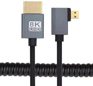 JAENFONG 90 Degree Right Angled Micro HDMI 2.1 Male Type-D to HDMI Male 8K 60hz Stretch Coiled Cable 100cm for HDTV Camera Laptop Monitor