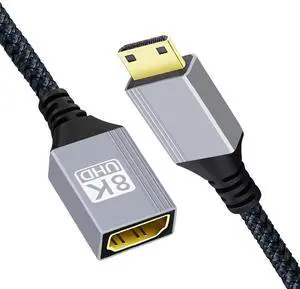 JAENFONG 8K Type-C Mini HDMI 2.1 Male to HDMI Female Extension HDTV Cable for DV Camera Laptop Portable Monitor