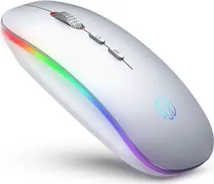 JAENFONG LED Wireless Mouse, Rechargeable Silent 2.4G Wireless Computer Mouse with Home Button, RGB Cordless Mice for Laptop, PC,Mac, Silver