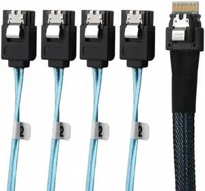 JAENFONG Slim Line SAS 4.0 SFF-8654 4i 38pin Host to 4 SATA 7pin Target Hard Disk Fanout Raid Cable 50cm