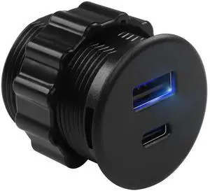 JAENFONG 2 Port USB C & USB Threaded Fixed Fast Charging Adapter 15W USB C + USB A Embedded Mount Round Connector Socket 5V/3.1A,LED Light, Mount on Furniture Desktop, Black (only for USB Charge)