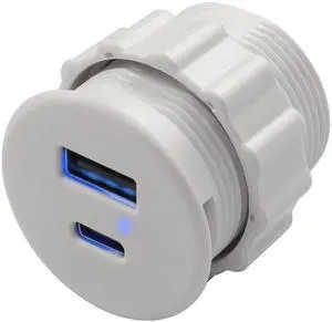 JAENFONG USB C & USB Embedded Mount Quick Charging Connector 15W Type C + USB Threaded Fixed Adapter 2 Port Charging Socket 5V/3.1A,LED Light,Mount on Furniture Desktop, White (only USB Charge)