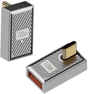 JAENFONG 120W USB C to USB3.1 OTG 90° Angle Adapter 10Gbps USB C Male to USB3.1 Female Right Angle Data Connector Mech Style/Zn Alloy/LED, for Phone Steam Deck Tablet, Silver/Vertical Bend, 2Pcs