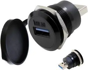 JAENFONG USB 3.0 Male to Female Waterproof Mounting Adapter, 5Gbps Data Transfer & Charging, Threaded Round Socket Converter with Nut Fixing for Panel Mount, Dustproof and Durable (Black)