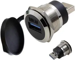 JAENFONG USB 3.0 Male to Female Waterproof Mounting Adapter, 5Gbps Data Transfer & Charging, Threaded Round Socket Converter with Nut Fixing for Panel Mount, Dustproof and Durable (Silver)