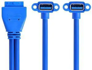 JAENFONG Up Angled USB 3.0 A Type Dual Female to Motherboard 20Pin 19 Pin Box Header Slot Panel Mount Cable (Blue 20P Up Angled 50cm)